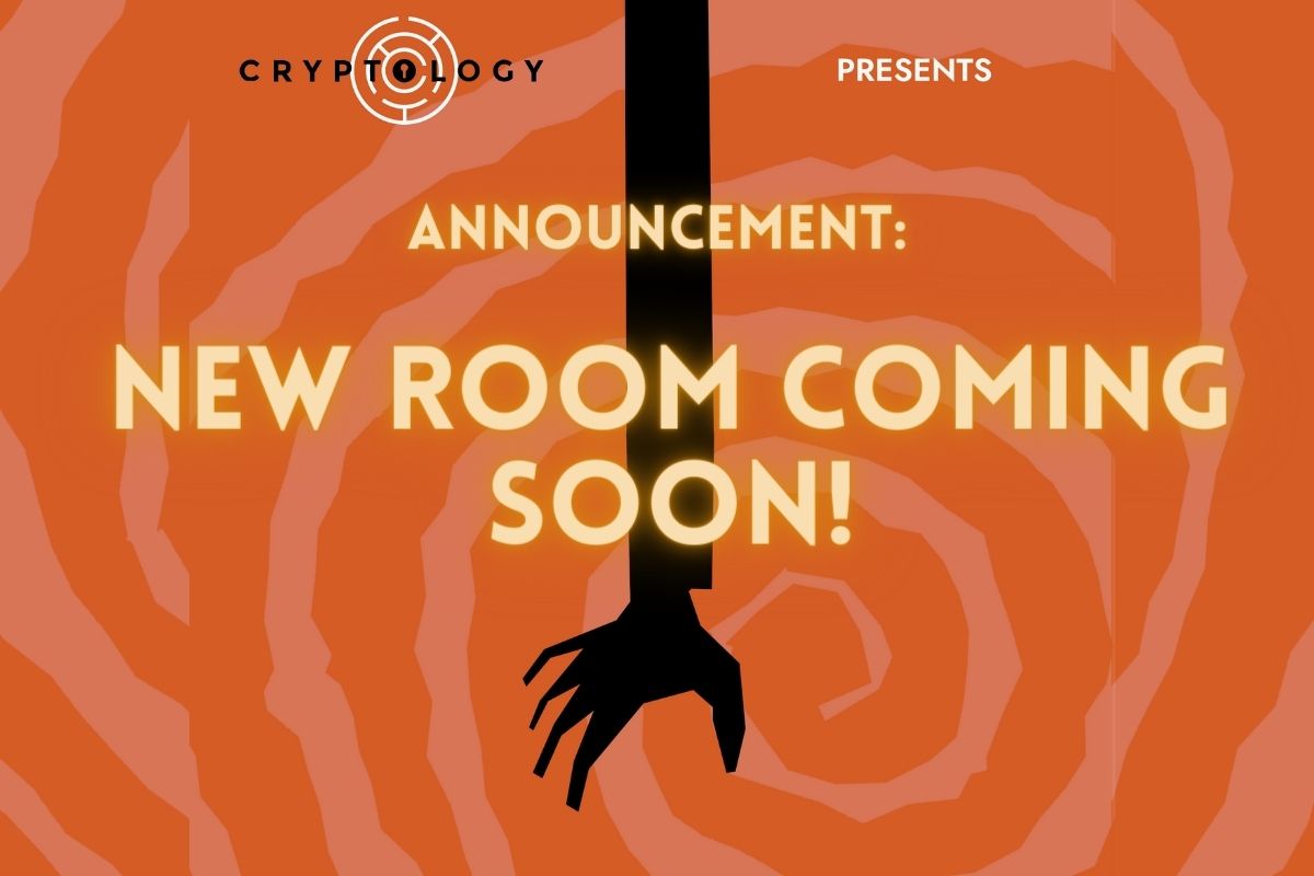 An orange background with a cartoon black hand and orange text announcing "New Room Coming Soon"