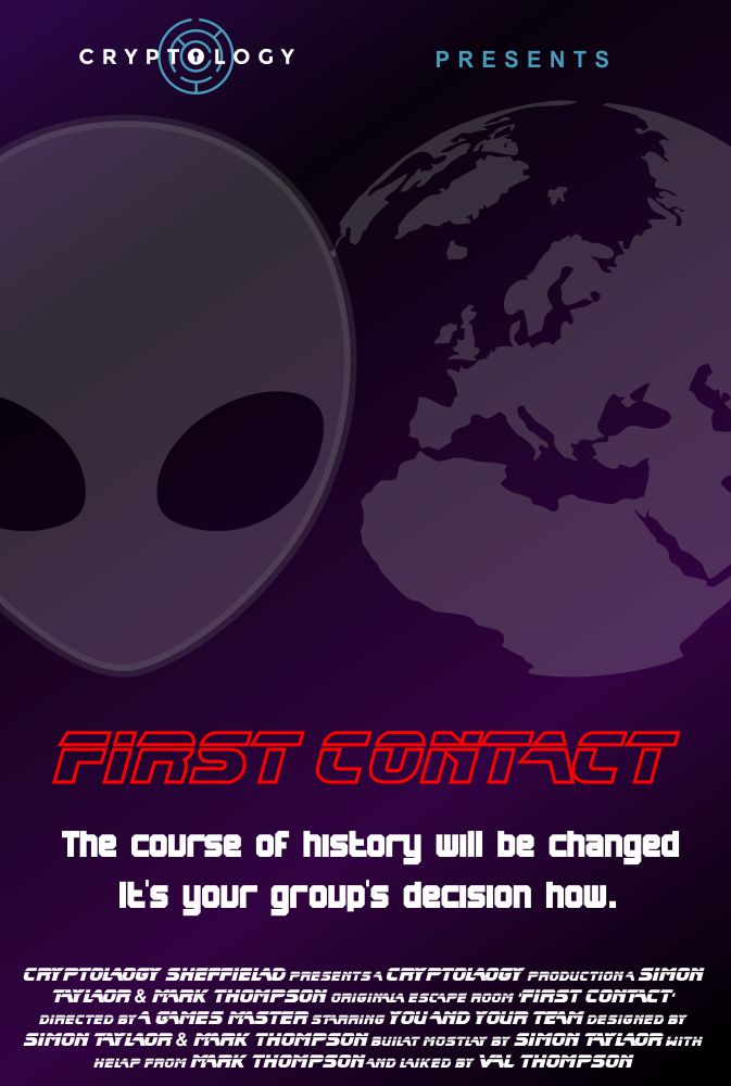 First Contact Escape Room poster with a purple alien face and a globe